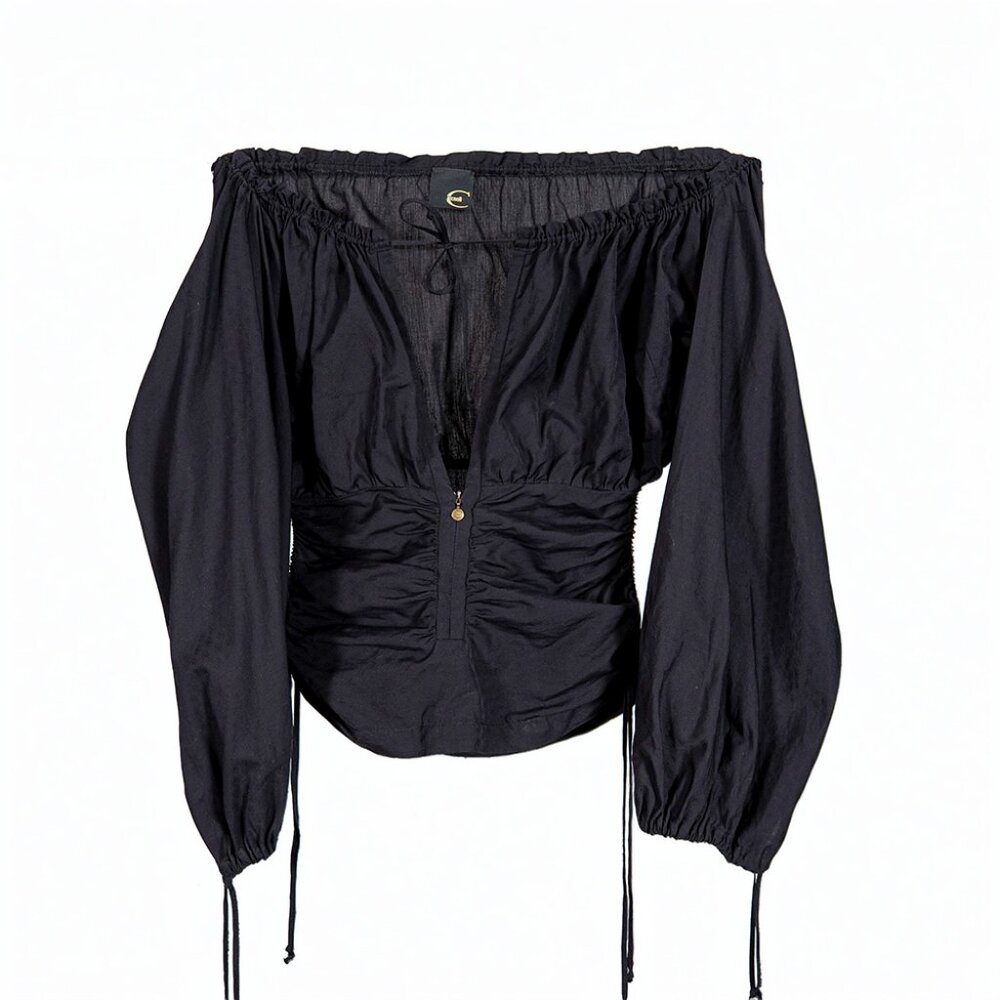Just Cavalli Black Off Shoulder Ruched Blouse Size 4 | Designer Long Sleeve Top